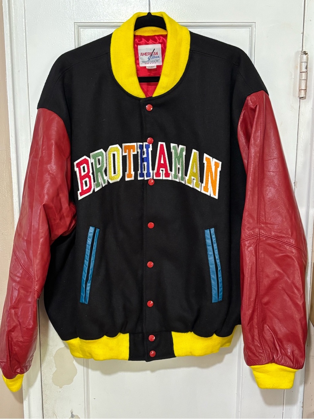 90s AMERICAN Class BROTHAMAN Colorblock Bomber Jacket - Black & Red MENS.